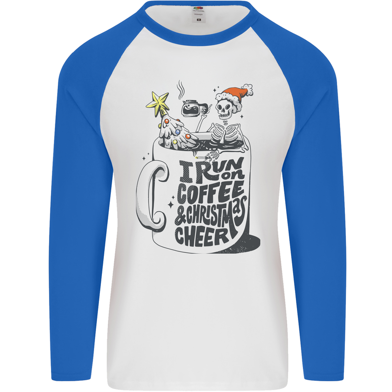 I Run On Coffee and Christmas Cheer Skull Mens L/S Baseball T-Shirt White/Royal Blue