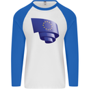Curled EU Flag European Union Flag Football Mens L/S Baseball T-Shirt White/Royal Blue