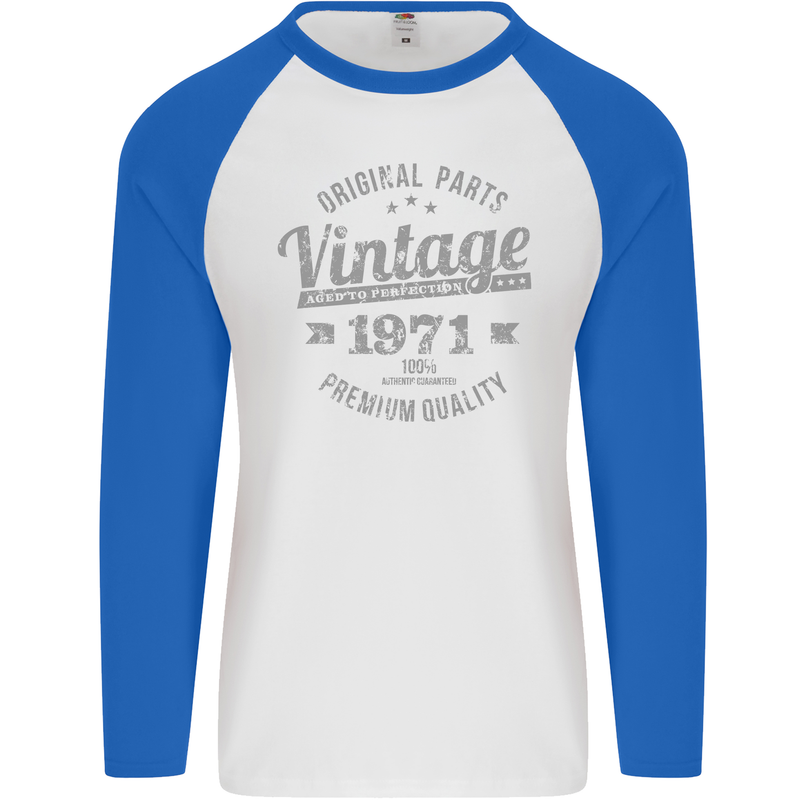 Vintage Year 52nd Birthday 1971 Mens L/S Baseball T-Shirt White/Royal Blue