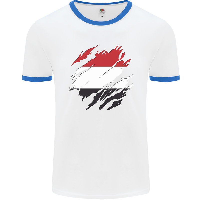 Torn Yemen Flag Yemeni Day Football Mens Ringer T-Shirt White/Royal Blue