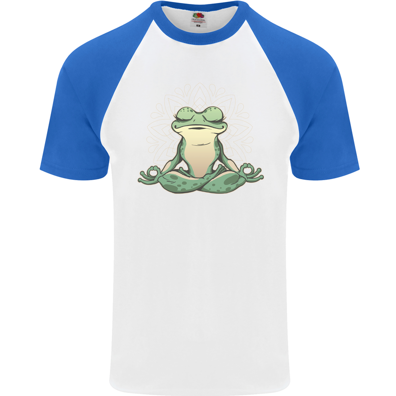 Yoga Frog Meditation Mens S/S Baseball T-Shirt White/Royal Blue