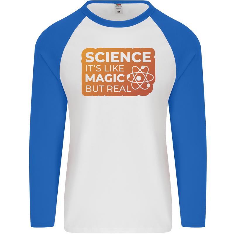 Science Like Magic but Real Physics Geek Mens L/S Baseball T-Shirt White/Royal Blue