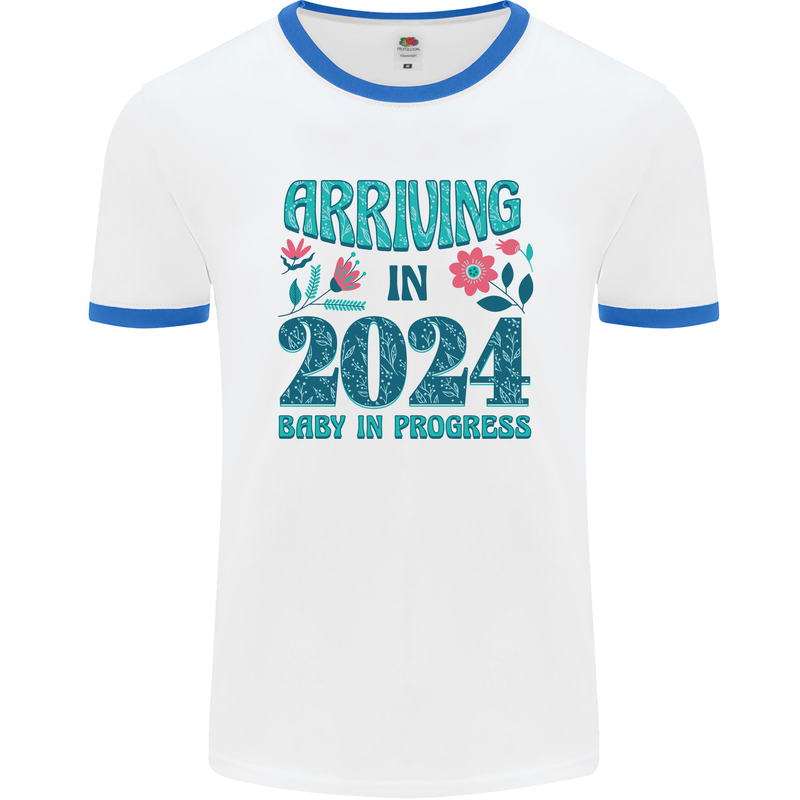 Arriving 2024 New Baby Pregnancy Pregnant Mens Ringer T-Shirt White/Royal Blue