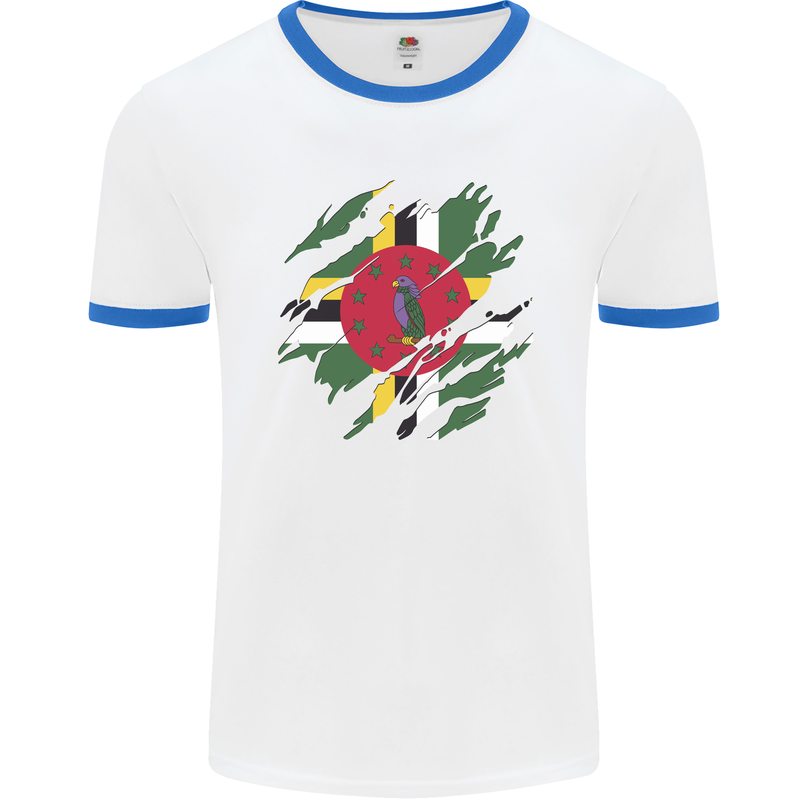 Torn Dominica Flag Dominican Day Football Mens Ringer T-Shirt White/Royal Blue