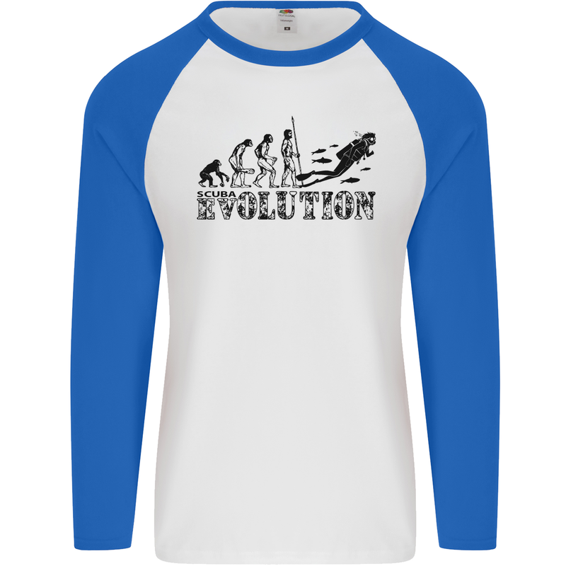 Evolution of a Scuba Diver Diving Funny Mens L/S Baseball T-Shirt White/Royal Blue