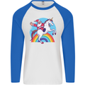 Santa Claus On a Unicorn Christmas Xmas Mens L/S Baseball T-Shirt White/Royal Blue