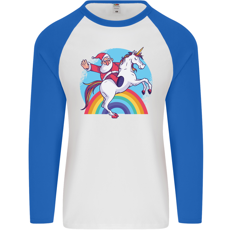 Santa Claus On a Unicorn Christmas Xmas Mens L/S Baseball T-Shirt White/Royal Blue