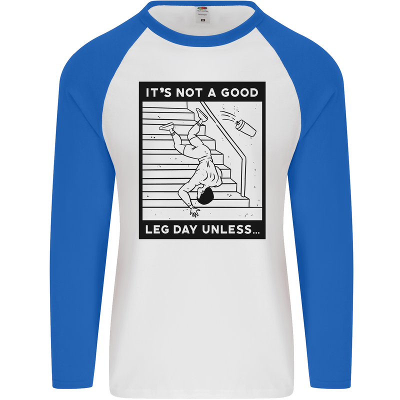 Leg Day Funny Gym Bodybuilding Training Top Mens L/S Baseball T-Shirt White/Royal Blue