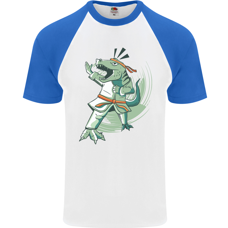 Karate T-Rex Dinosaur Mens S/S Baseball T-Shirt White/Royal Blue