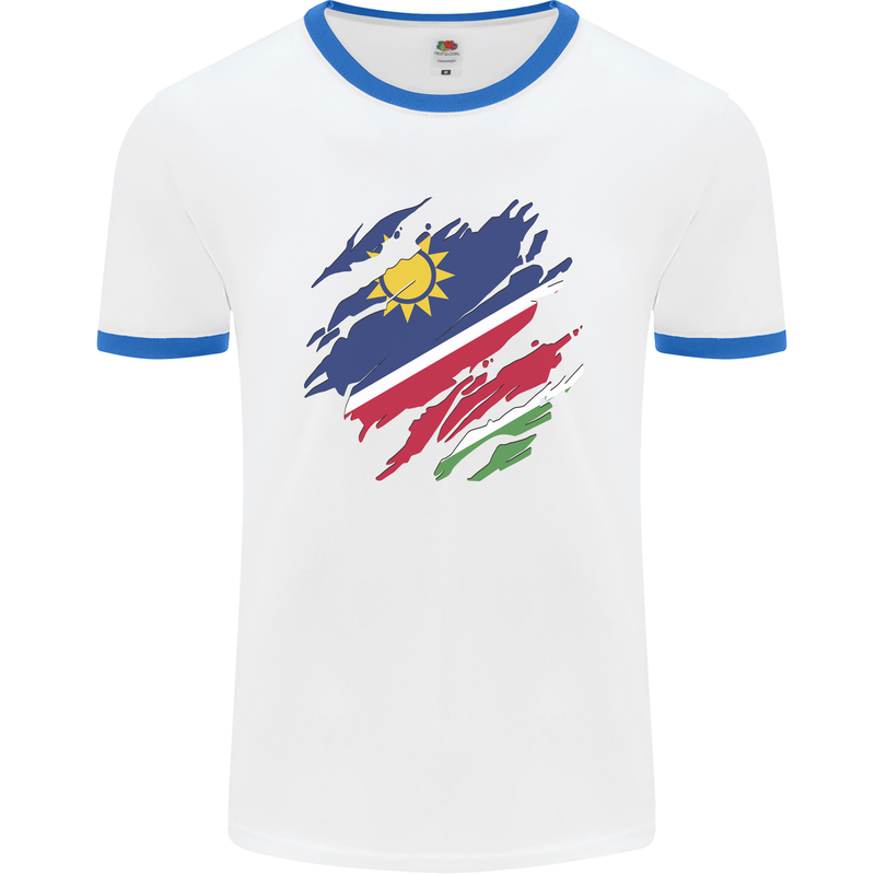 Torn Namibia Flag Namibian Day Football Mens Ringer T-Shirt White/Royal Blue