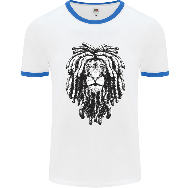 A Rasta Lion With Dreadlocks Jamaica Reggae Mens Ringer T-Shirt White/Royal Blue