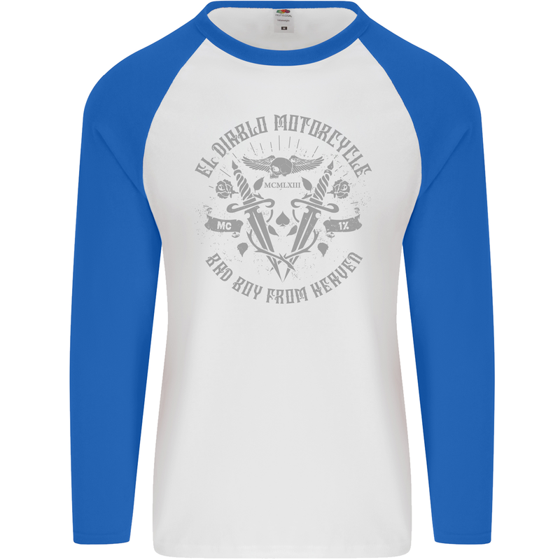 El Diablo Motorcycle Motorbike Biker Mens L/S Baseball T-Shirt White/Royal Blue