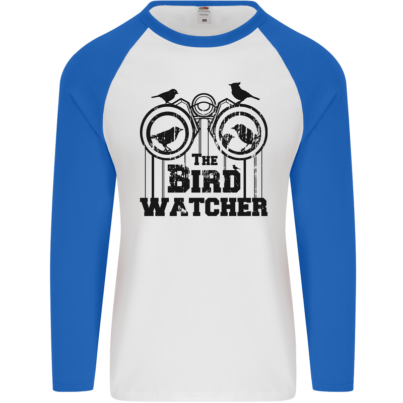 The Bird Watcher Watching Funny Mens L/S Baseball T-Shirt White/Royal Blue