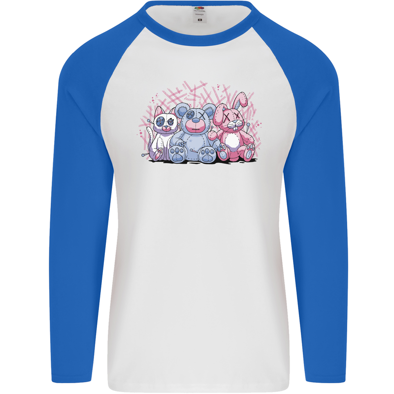 Zombie Cat Rabbit Bear Halloween Gothic Mens L/S Baseball T-Shirt White/Royal Blue