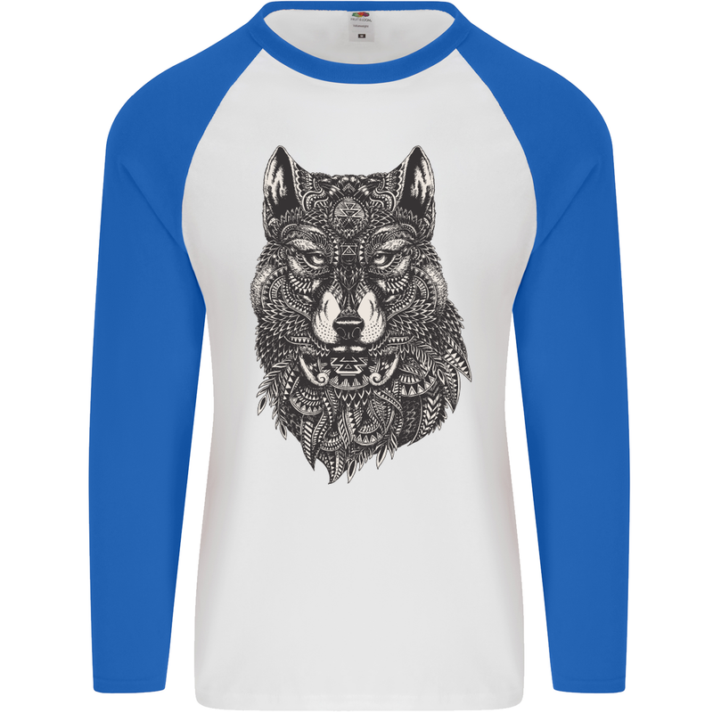 Abstract Dog Mandala Art Mens L/S Baseball T-Shirt White/Royal Blue