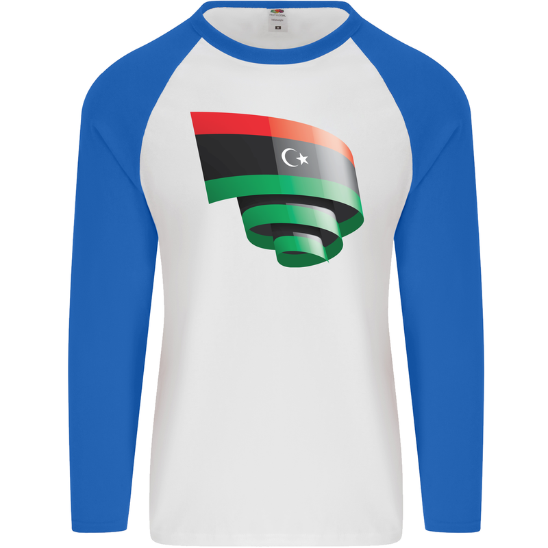 Curled Libya Flag Libyan Day Football Mens L/S Baseball T-Shirt White/Royal Blue