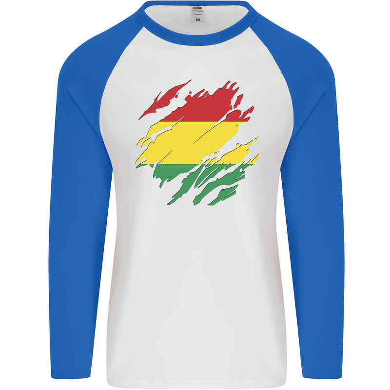 Torn Bolivia Flag Bolivian Day Football Mens L/S Baseball T-Shirt White/Royal Blue