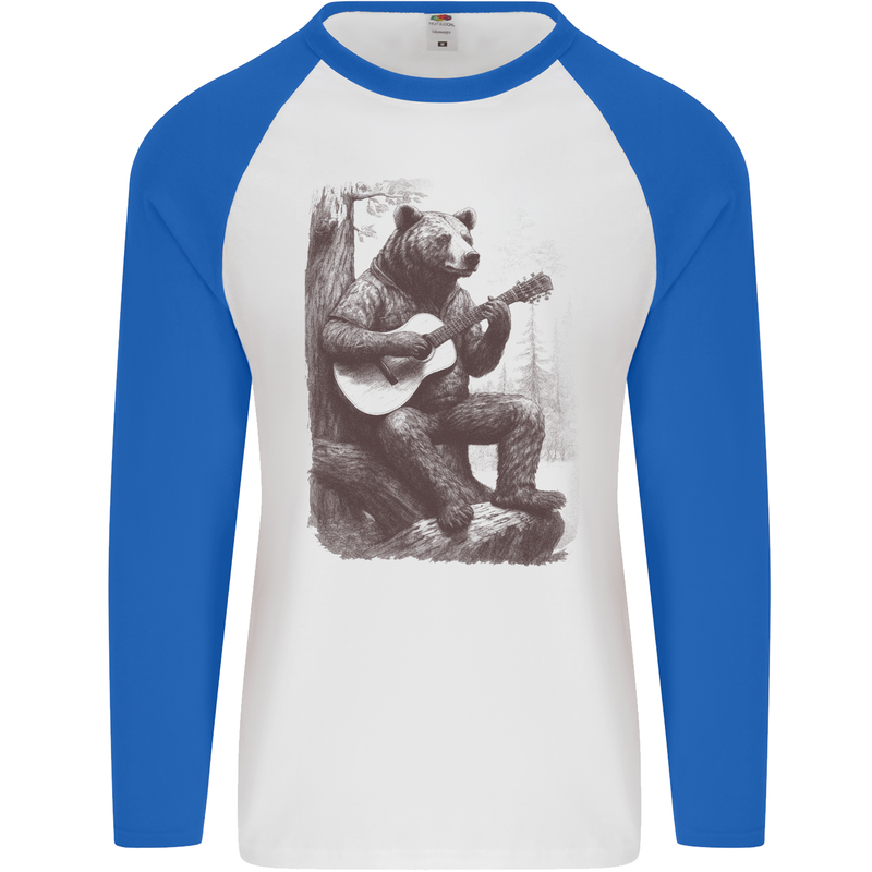 A Cool Bear Playing the Acoustic Guitar Mens L/S Baseball T-Shirt White/Royal Blue