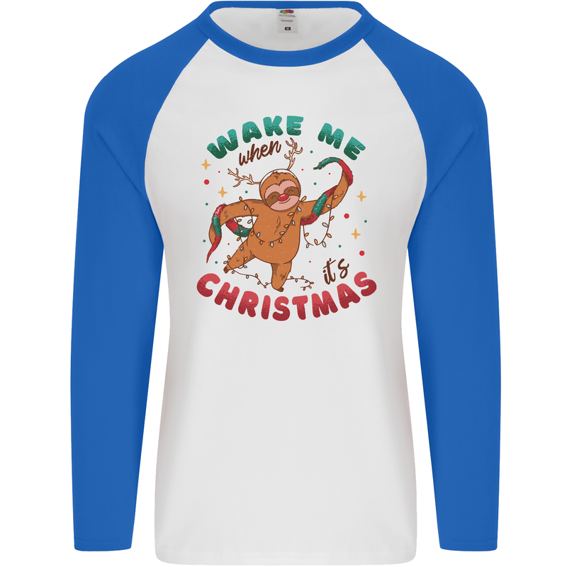 Sloth Wake Me Up When It's Christmas Mens L/S Baseball T-Shirt White/Royal Blue