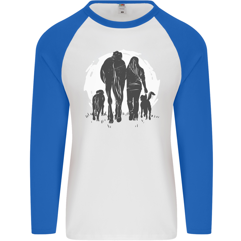 A Horse and Dogs Equestrian Riding Rider Mens L/S Baseball T-Shirt White/Royal Blue