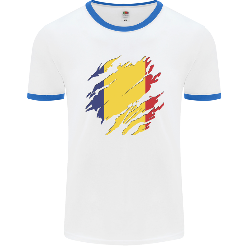 Torn Romania Flag Romanian Day Football Mens Ringer T-Shirt White/Royal Blue