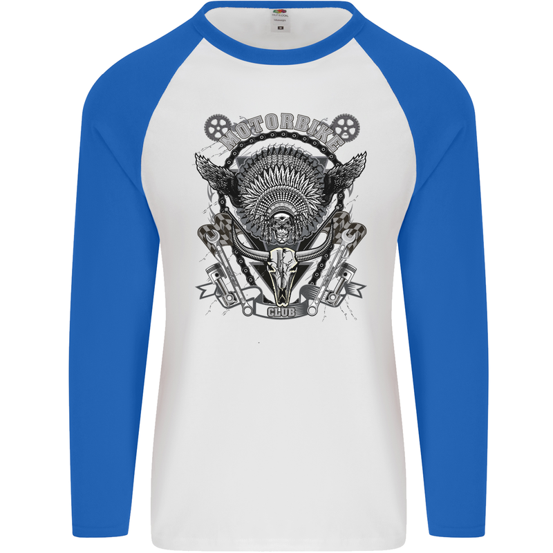 Motorbike Club Motorcycle Biker Mens L/S Baseball T-Shirt White/Royal Blue