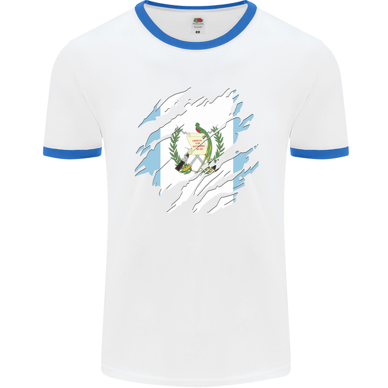 Torn Guatemala Flag Guatemalan Day Football Mens Ringer T-Shirt White/Royal Blue