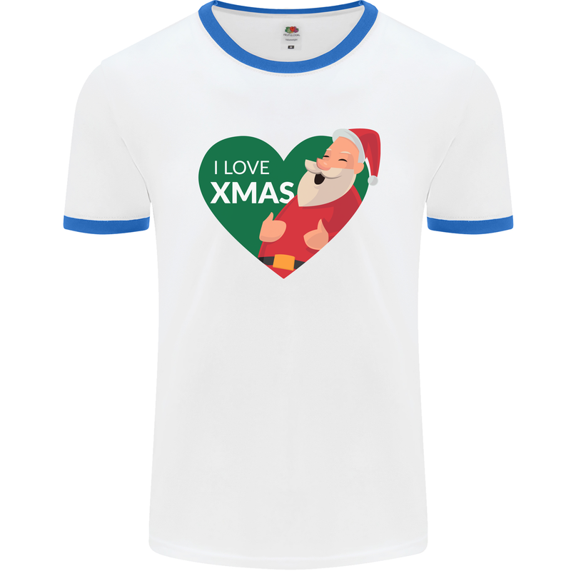 I Love Xmas Santa Claus Christmas Mens Ringer T-Shirt White/Royal Blue