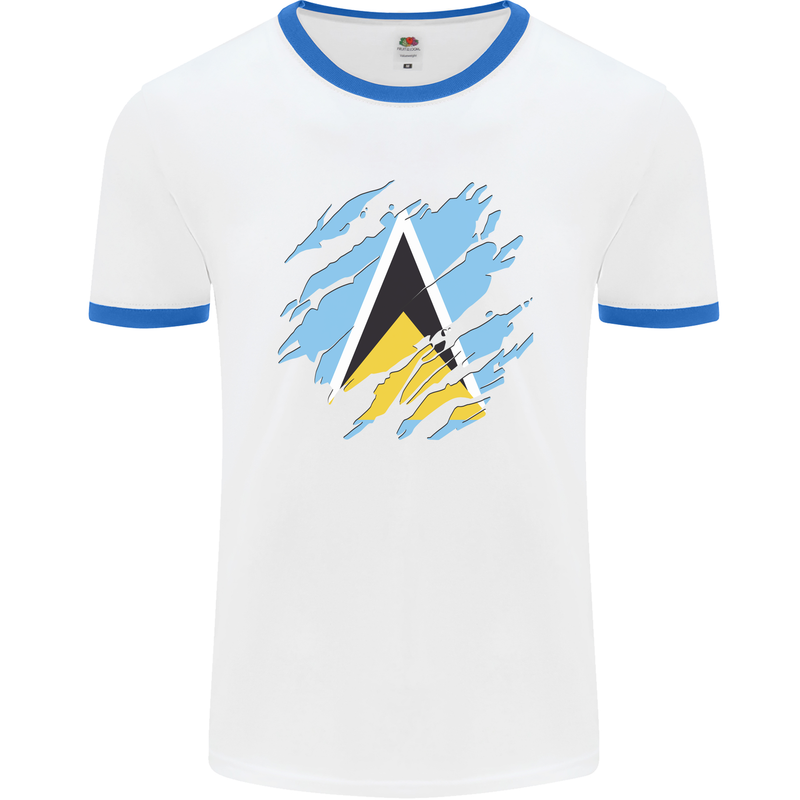 Torn Saint Lucia Flag Lucian Day Football Mens Ringer T-Shirt White/Royal Blue