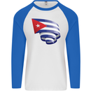 Curled Cuba Flag Cuban Day Football Mens L/S Baseball T-Shirt White/Royal Blue