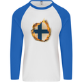 The Finnish Flag Fire Effect Finland Mens L/S Baseball T-Shirt White/Royal Blue
