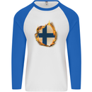 The Finnish Flag Fire Effect Finland Mens L/S Baseball T-Shirt White/Royal Blue