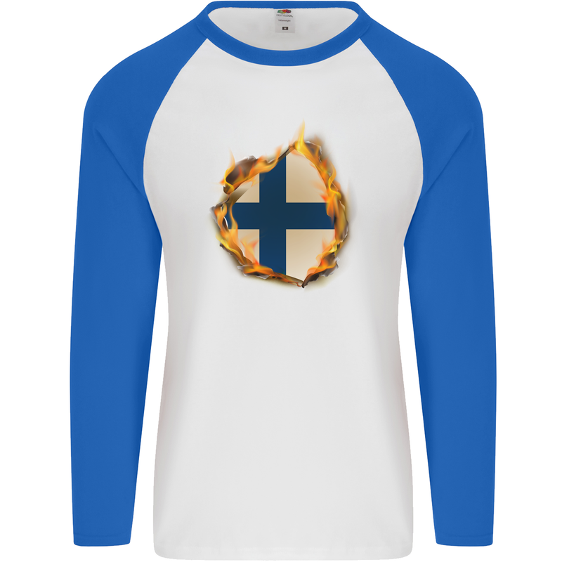 The Finnish Flag Fire Effect Finland Mens L/S Baseball T-Shirt White/Royal Blue