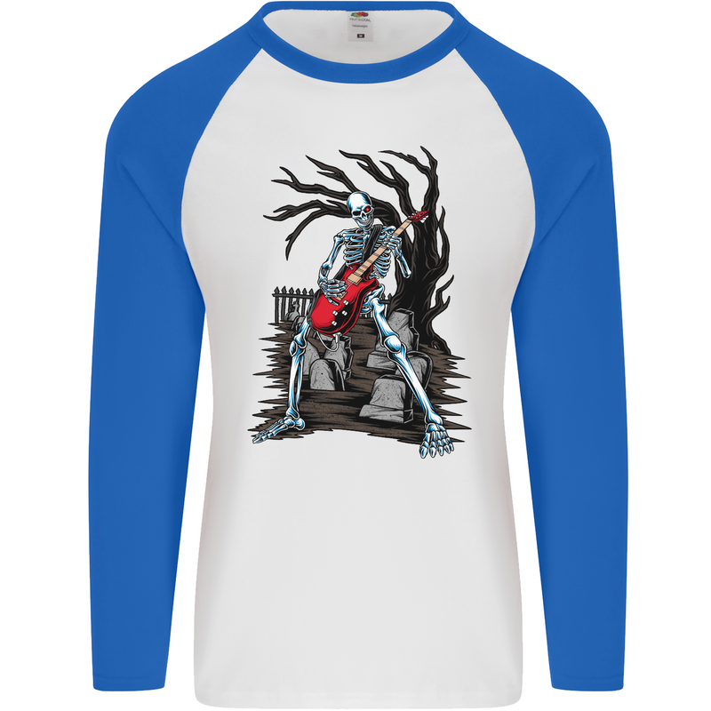 Graveyard Rock Guitar Skull Heavy Metal Mens L/S Baseball T-Shirt White/Royal Blue