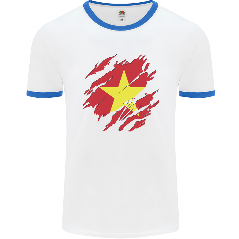 Torn Vietnam Flag Vietnamese Day Football Mens Ringer T-Shirt White/Royal Blue