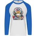 Turn It Up Monkey DJ Headphones Music Mens L/S Baseball T-Shirt White/Royal Blue