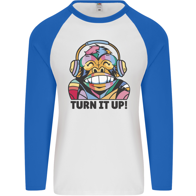 Turn It Up Monkey DJ Headphones Music Mens L/S Baseball T-Shirt White/Royal Blue