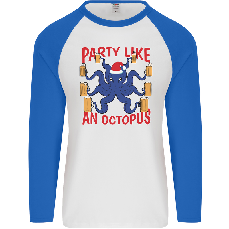 Beer Party Octopus Christmas Scuba Diving Mens L/S Baseball T-Shirt White/Royal Blue