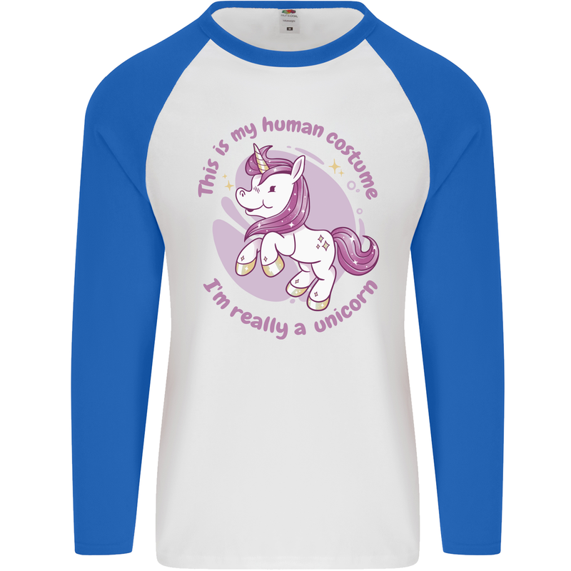 This is My Unicorn Costume Fancy Dress Outfit Mens L/S Baseball T-Shirt White/Royal Blue