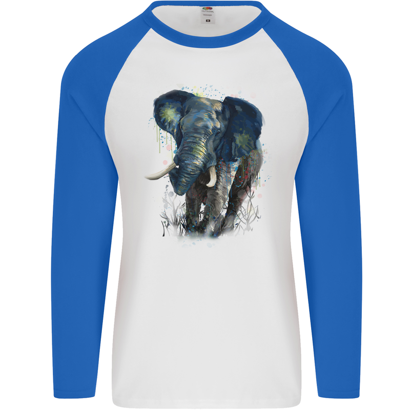 A Big Elephant Watercolour Mens L/S Baseball T-Shirt White/Royal Blue