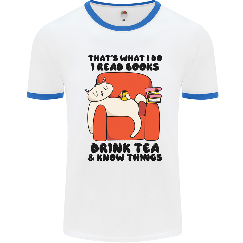 I Drink Tea and Know Things Funny Cat Mens Ringer T-Shirt White/Royal Blue