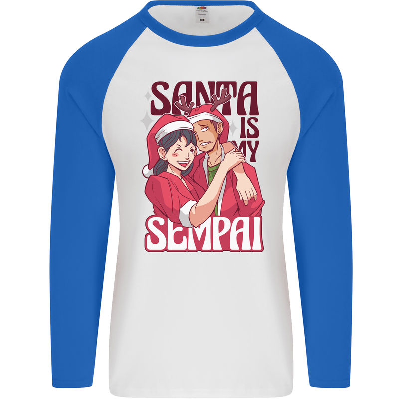 Santa is My Sempai Funny Anime Christmas Xmas Mens L/S Baseball T-Shirt White/Royal Blue