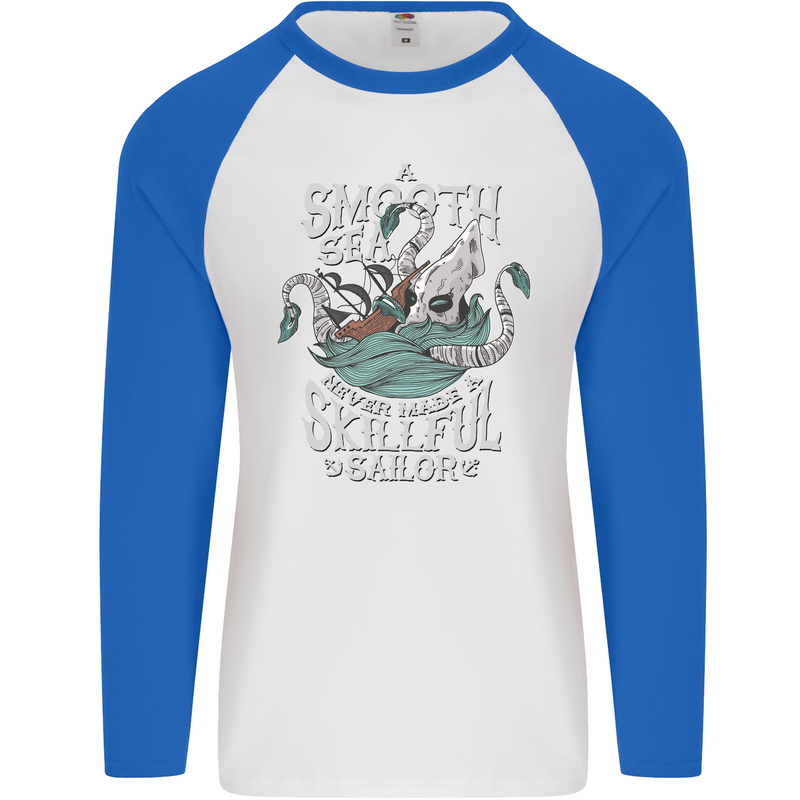 Skilful Sailor Kraken Sailing Cthulhu Mens L/S Baseball T-Shirt White/Royal Blue