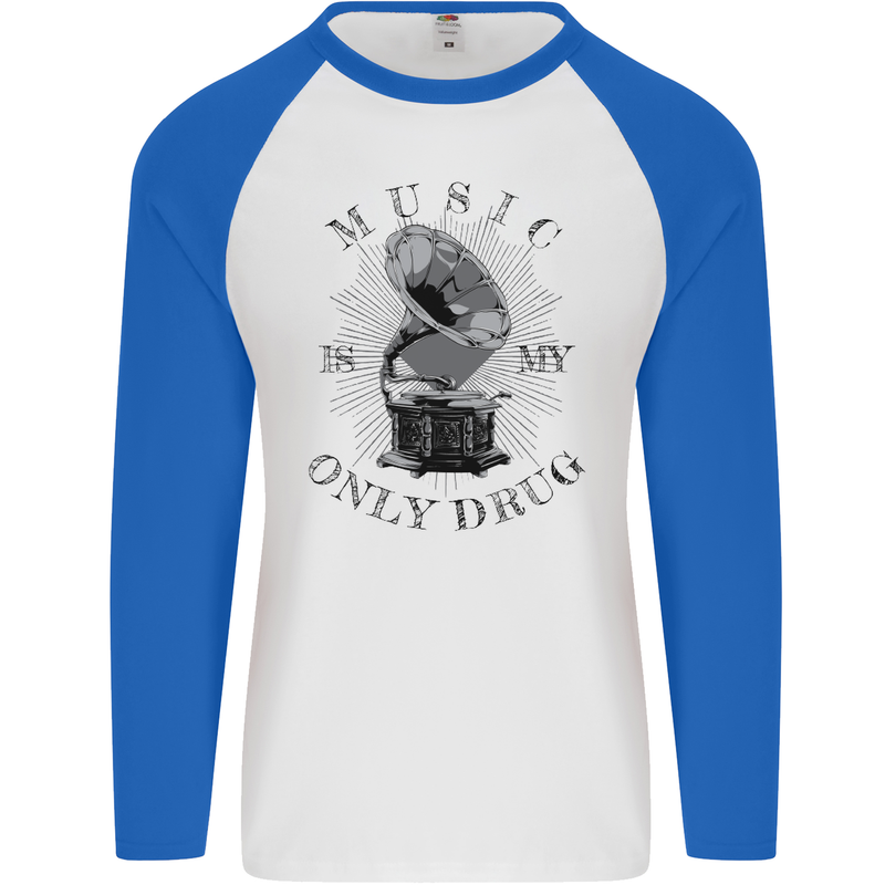 Music Is My Only Drug Funny DJ Vinyl Decks Mens L/S Baseball T-Shirt White/Royal Blue