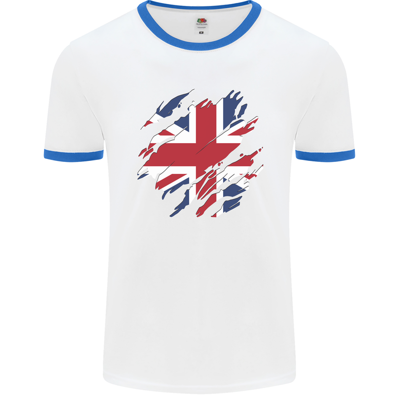 Torn British Flag Union Jack Britain Mens Ringer T-Shirt White/Royal Blue