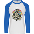 Skeleton Unicorn Skull Heavy Metal Rock Mens L/S Baseball T-Shirt White/Royal Blue