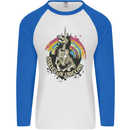 Skeleton Unicorn Skull Heavy Metal Rock Mens L/S Baseball T-Shirt White/Royal Blue