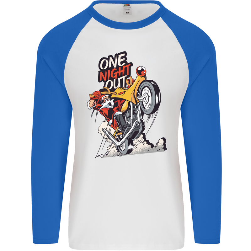 Biker Santa One Night Out Christmas Motorcycle Mens L/S Baseball T-Shirt White/Royal Blue