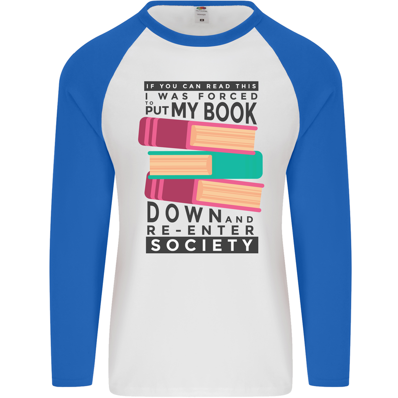 Book Reading Re-Enter Society Funny Mens L/S Baseball T-Shirt White/Royal Blue