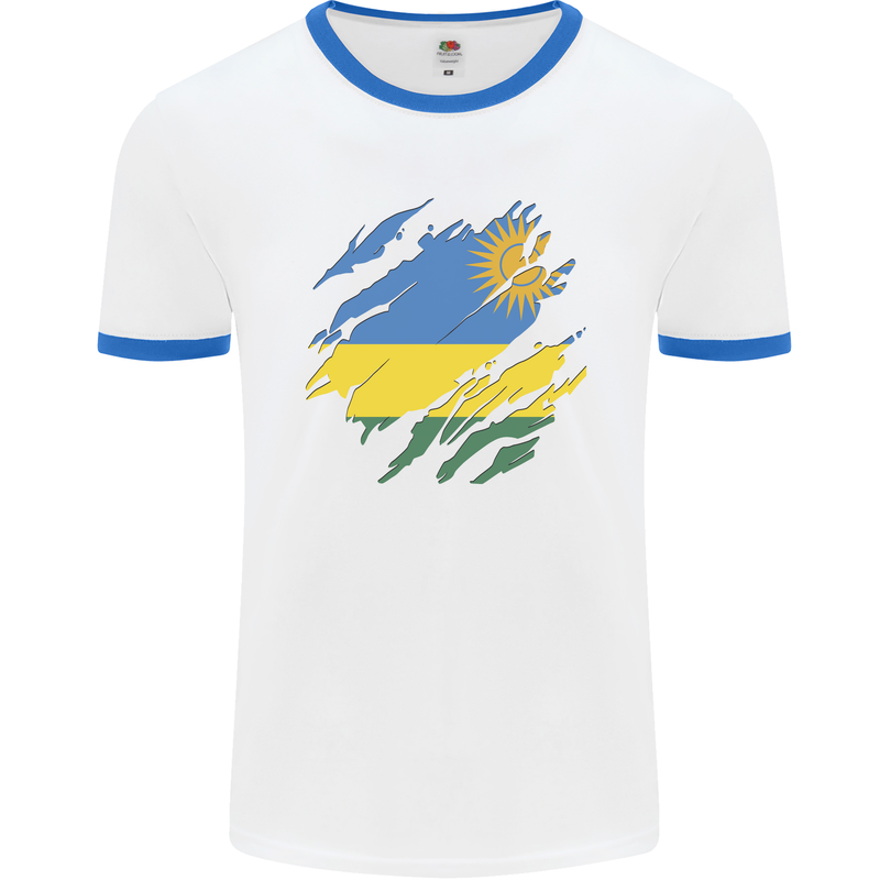 Torn Rwanda Flag Rwandan Day Football Mens Ringer T-Shirt White/Royal Blue